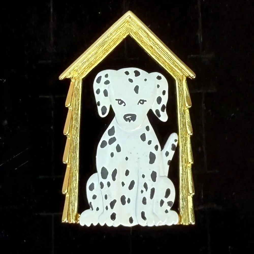 Signed JJ Dalmatian Dog in Doghouse Gold Tone Brooch Pin White Black Enamel